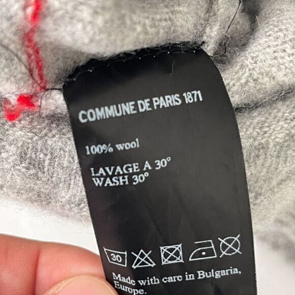 Commune De Paris of 1871 Mens Wool Sweater XL Gray Knit Crewneck Red/Blue Stripe - Picture 7 of 9